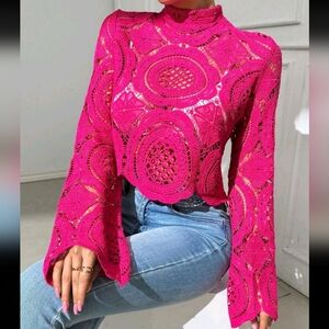 Flower Water-Soluble Lace Stand Collar Solid Color Shirt With Con